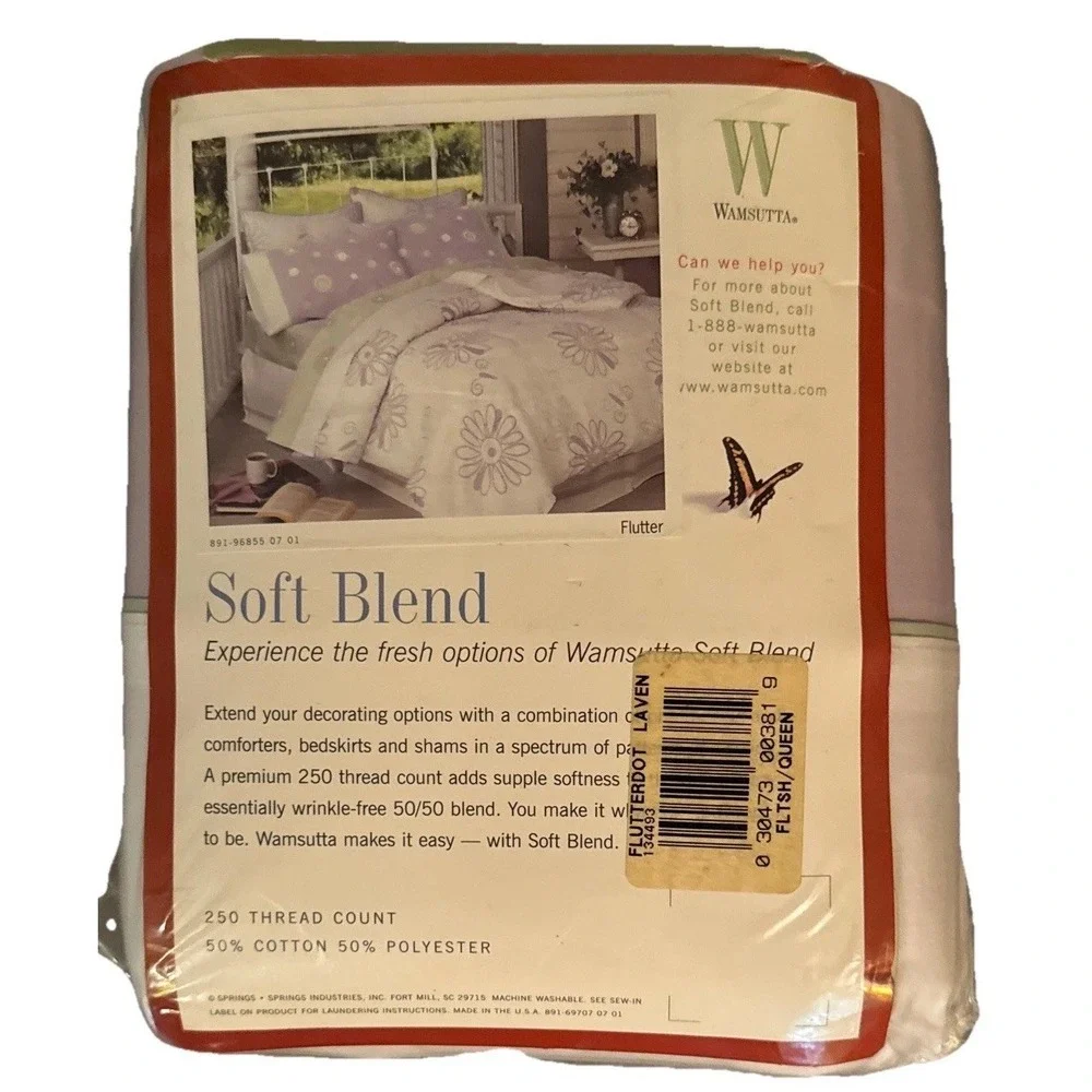 Wamsutta Soft Blend Flat Queen Sheet 250 Thread Count Flutter Dot Lilac NOS